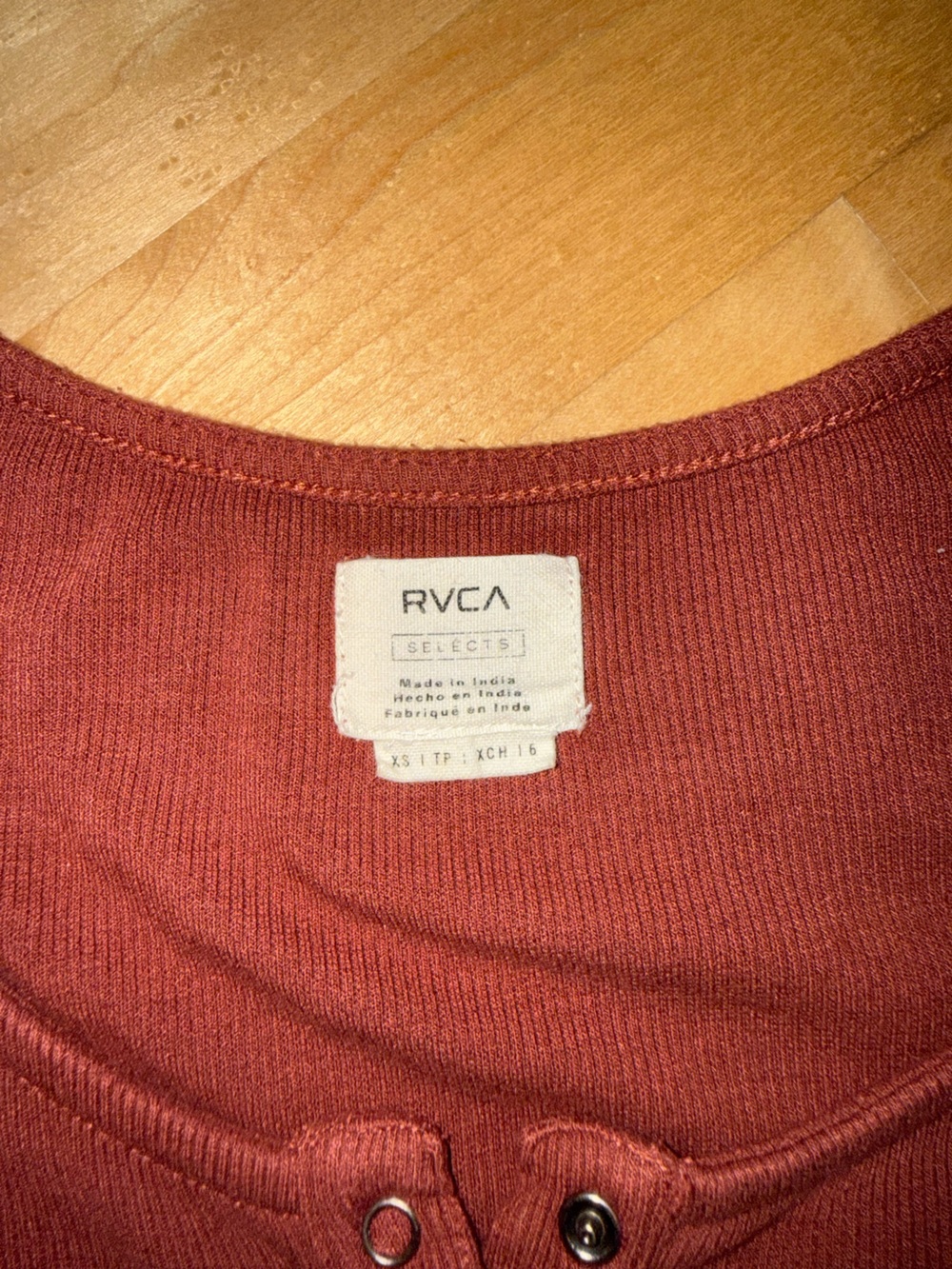 RVCA Short-Sleeve Ribbed Button-Front Top in Rust Red - Picture 2 of 2